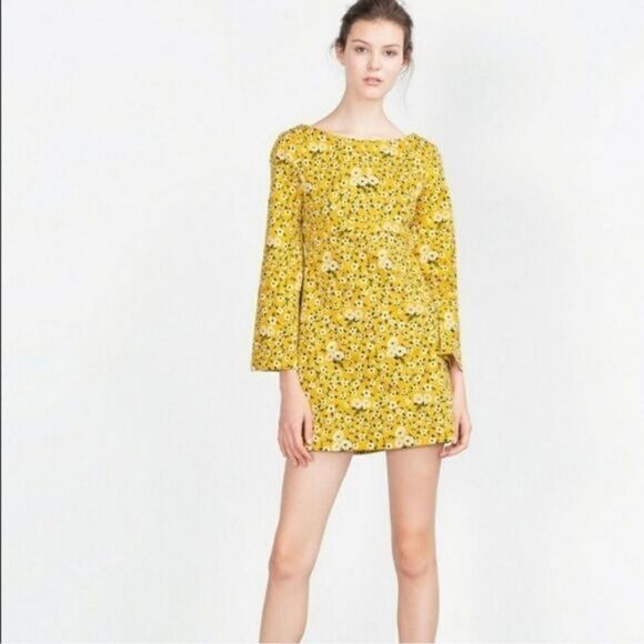Zara Yellow Floral Bell Sleeve Mini Dress Small Mod Retro Colorful Summer - Picture 3 of 11